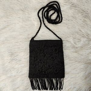 Dressy Beaded Shoulder Bag Black Embroidered Floral Formal Fringe 6" x 6.5"